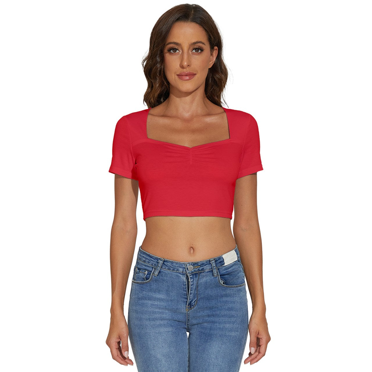 Toothache Basics Short Sleeve Square Neckline Crop Top - Red