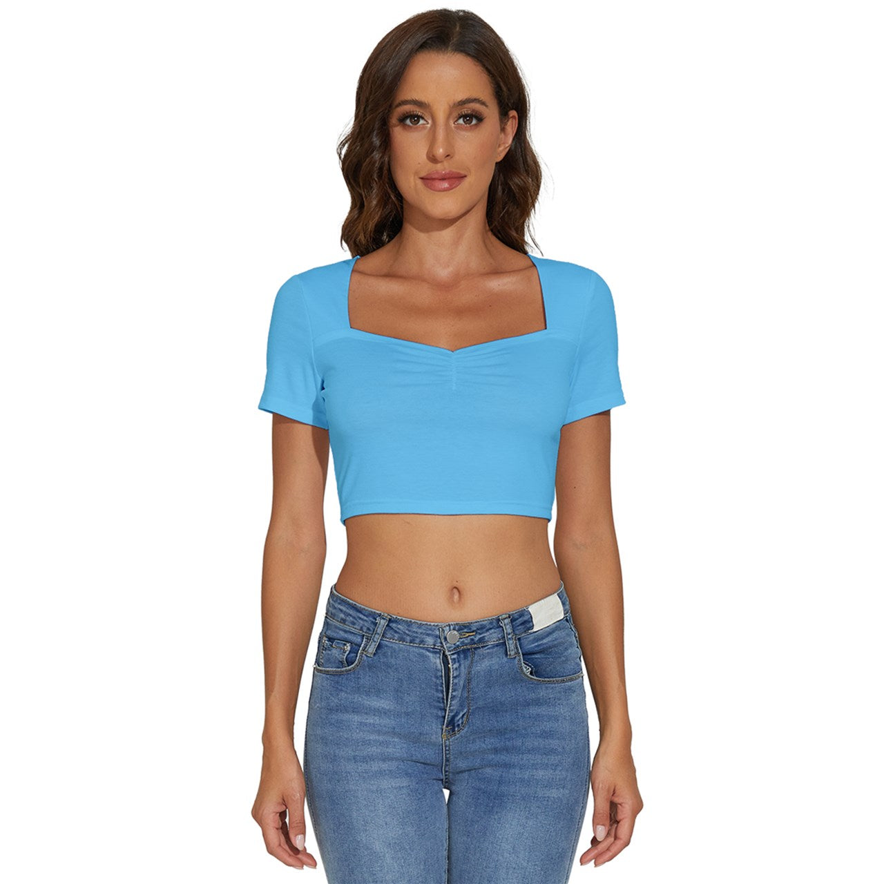 Toothache Basics Short Sleeve Square Neckline Crop Top - Pastel Blue