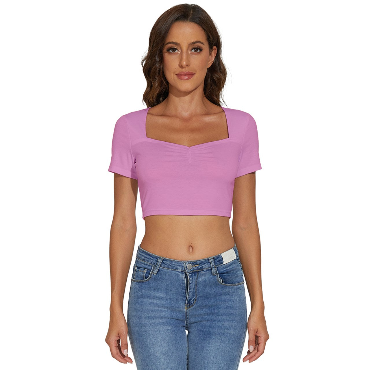 Toothache Basics Short Sleeve Square Neckline Crop Top - Pastel Pink