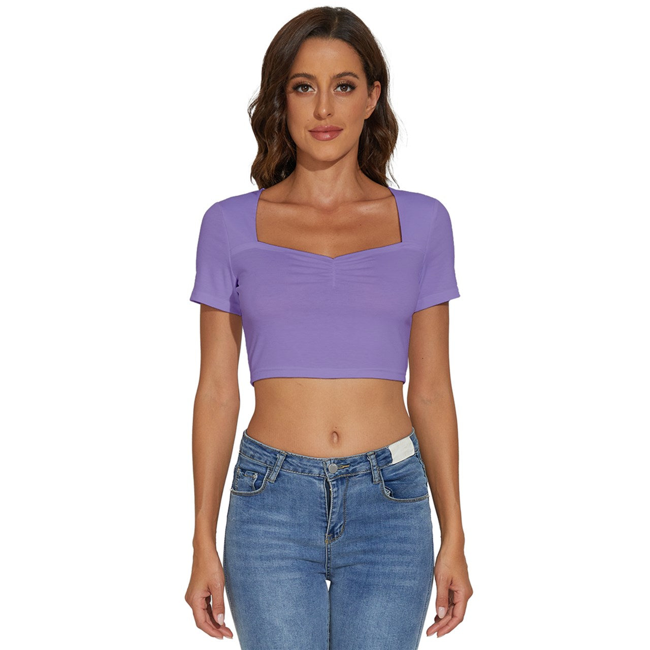 Toothache Basics Short Sleeve Square Neckline Crop Top - Purple