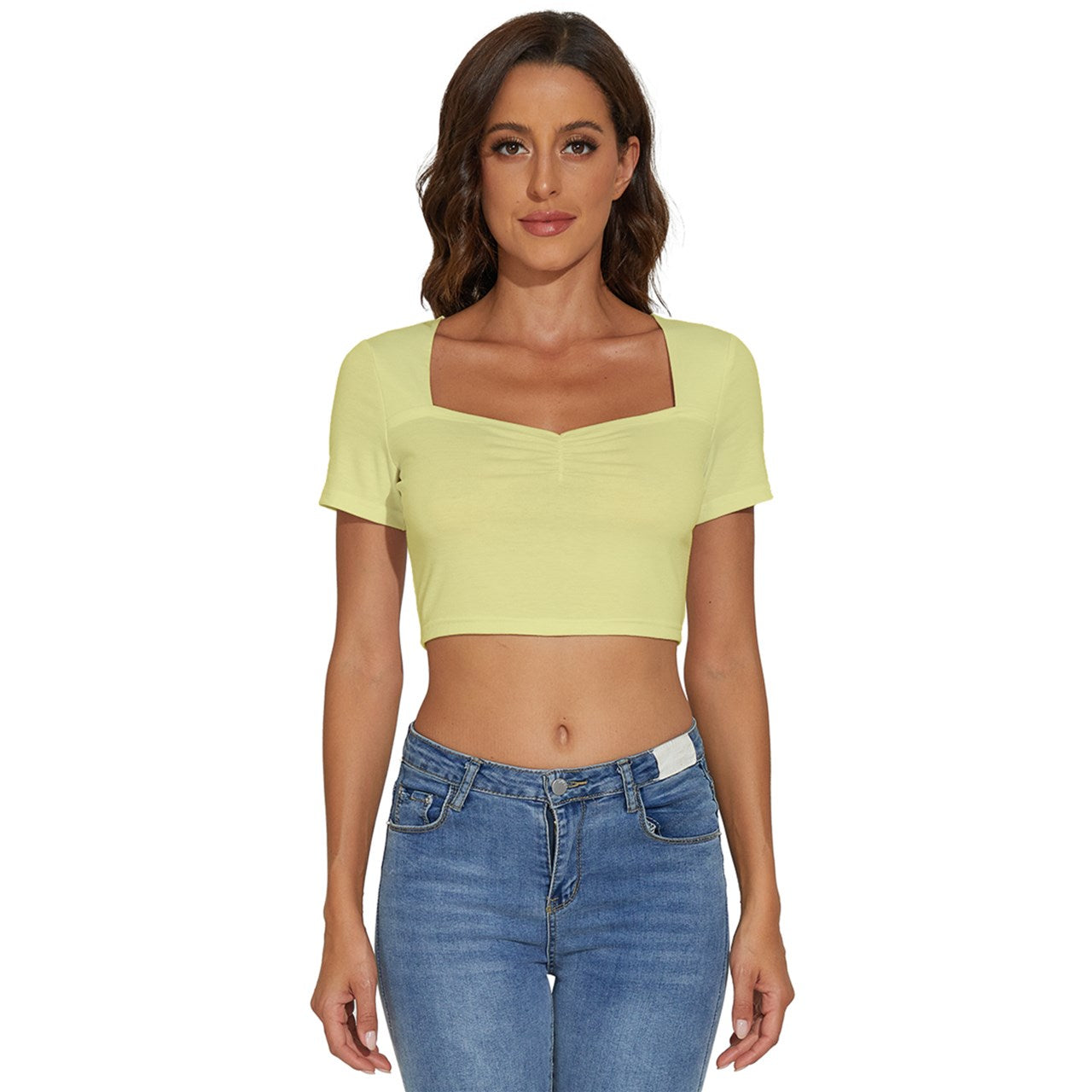 Toothache Basics Short Sleeve Square Neckline Crop Top - Yellow