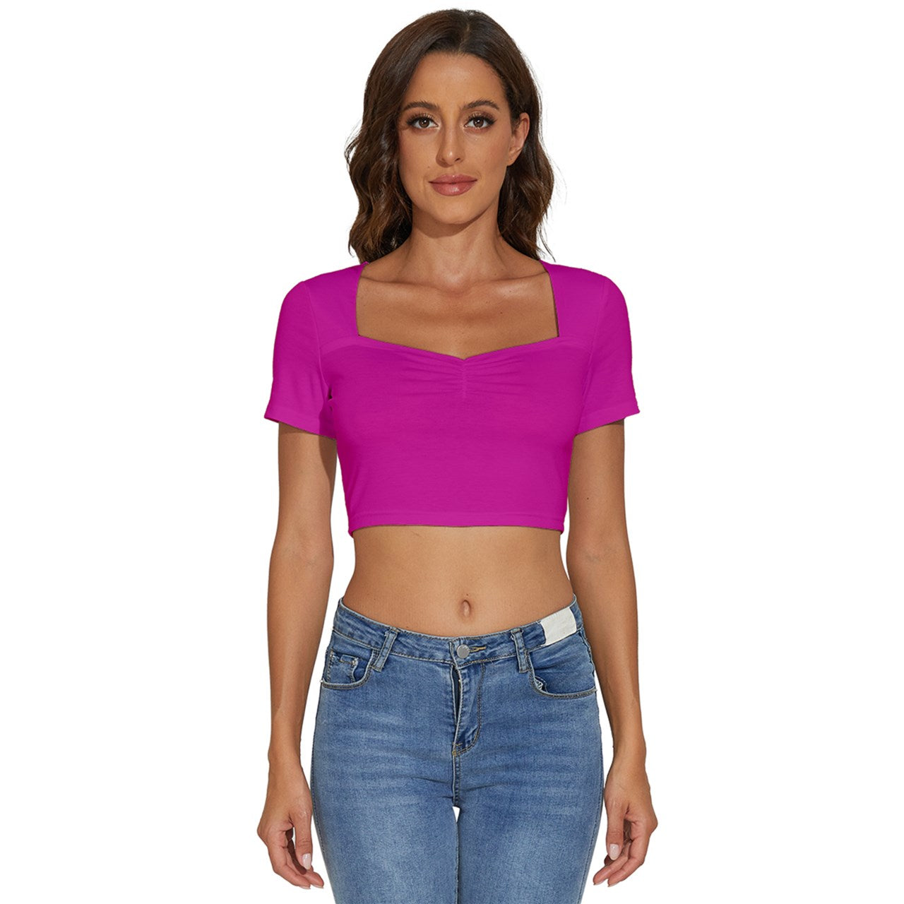 Toothache Basics Short Sleeve Square Neckline Crop Top - Royal Fushia