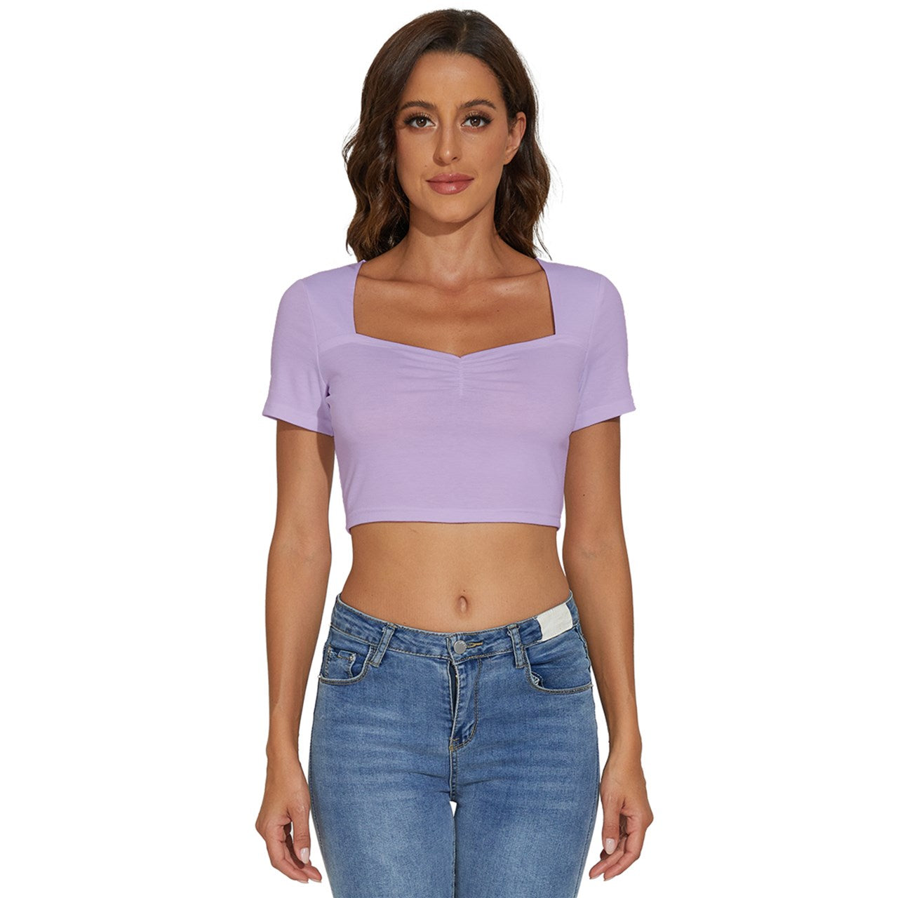 Toothache Basics Short Sleeve Square Neckline Crop Top - Thistle