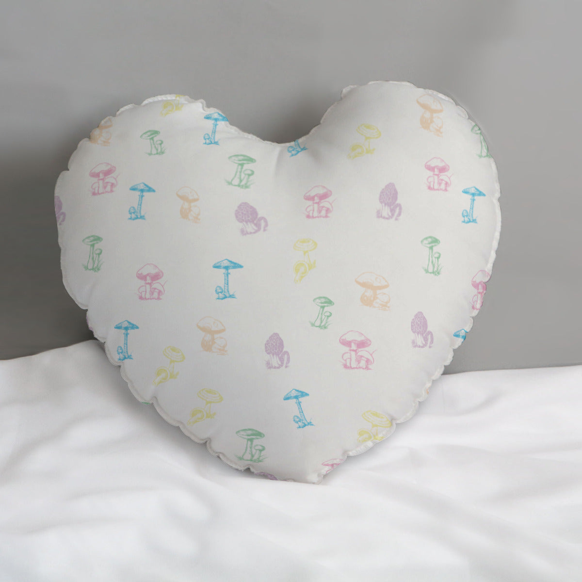 🍄 Enchanted Mycology: Heart-Shaped Throw Pillow - White