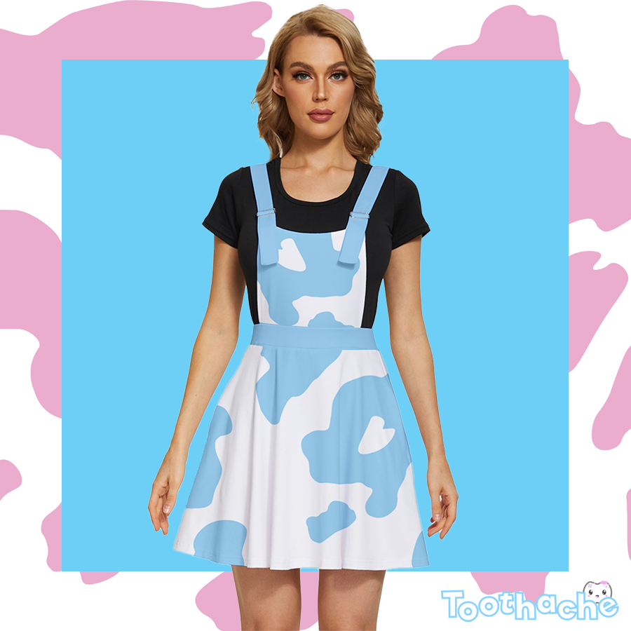 Cow Print Apron Dress in Blue