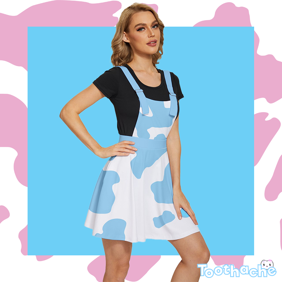 Cow Print Apron Dress in Blue