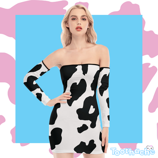 Cow Print Off-shoulder Lace-up Dress - Black