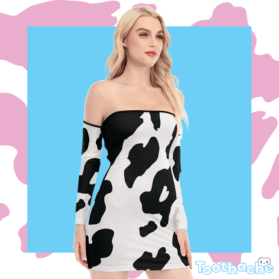 Cow Print Off-shoulder Lace-up Dress - Black