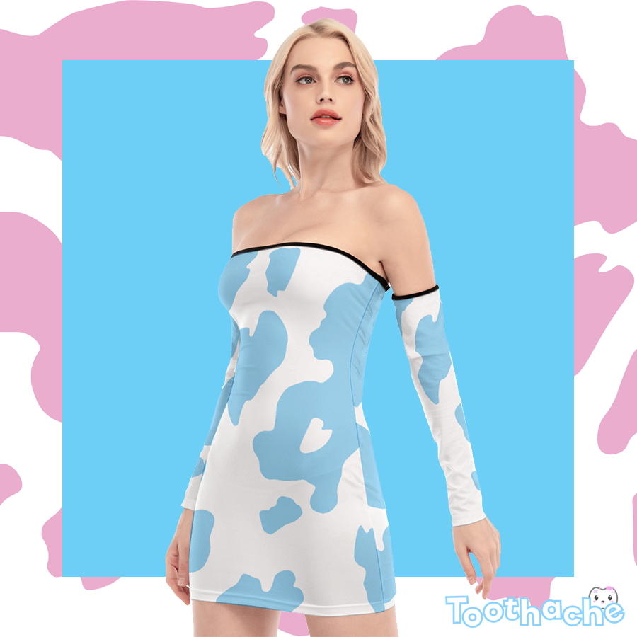 Cow Print Off-shoulder Lace-up Dress - Blue