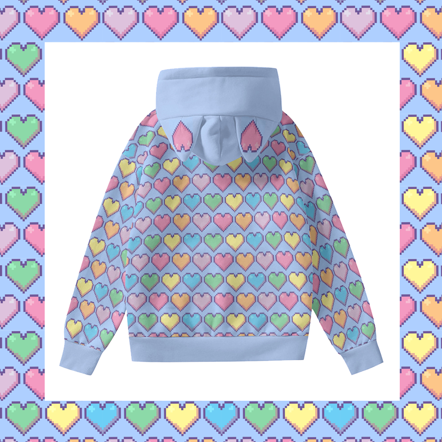 Pixel Hearts Pattern Pullover Hoodie with Cat Ears - Sail Blue