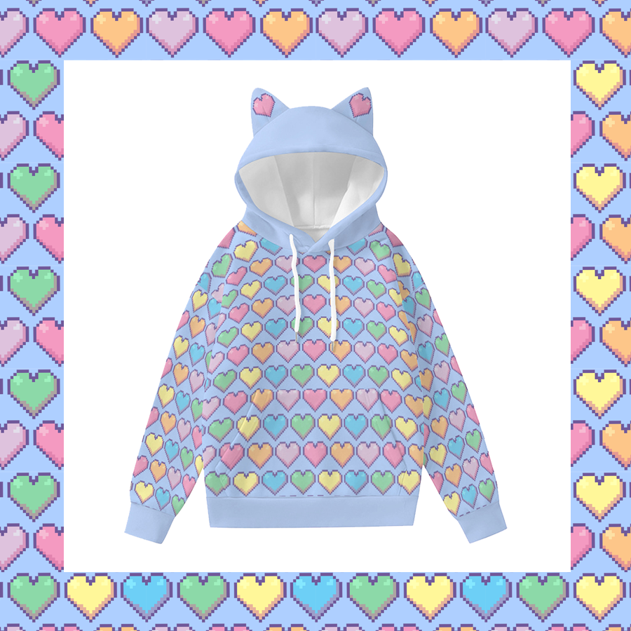 Pixel Hearts Pattern Pullover Hoodie with Cat Ears - Sail Blue