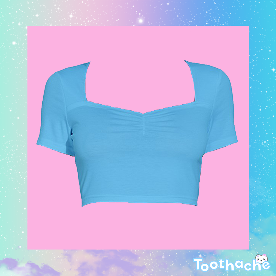 Toothache Basics Short Sleeve Square Neckline Crop Top - Pastel Blue