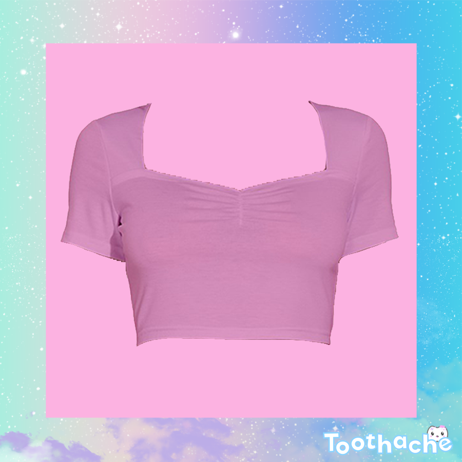 Toothache Basics Short Sleeve Square Neckline Crop Top - Pastel Pink