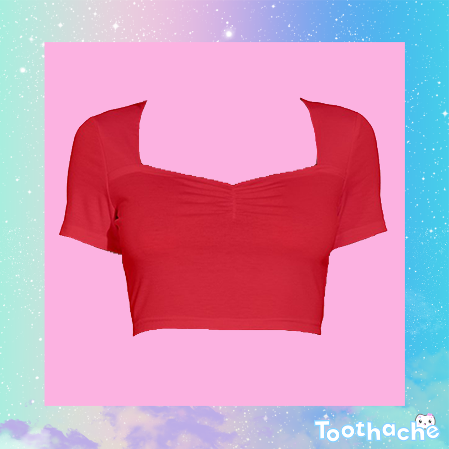 Toothache Basics Short Sleeve Square Neckline Crop Top - Red