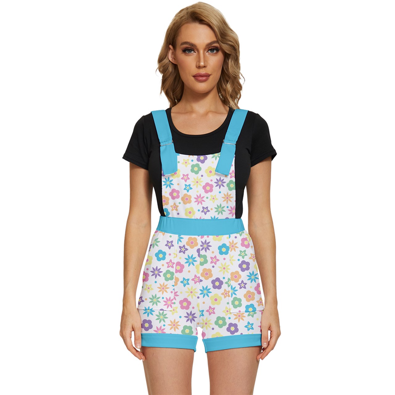 Retro Flowers Overall Shorts- White with Blue Accents