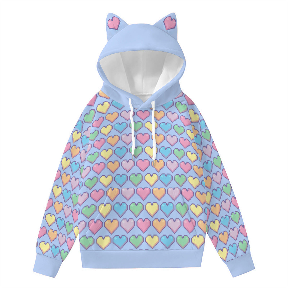 Pixel Hearts Pattern Pullover Hoodie with Cat Ears - Sail Blue