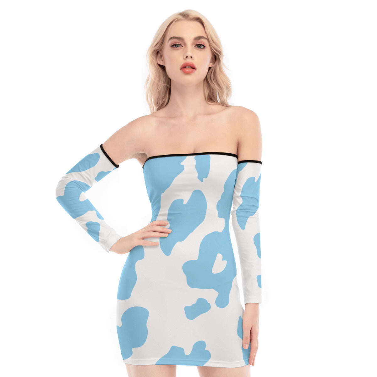 Cow Print Off-shoulder Lace-up Dress - Blue