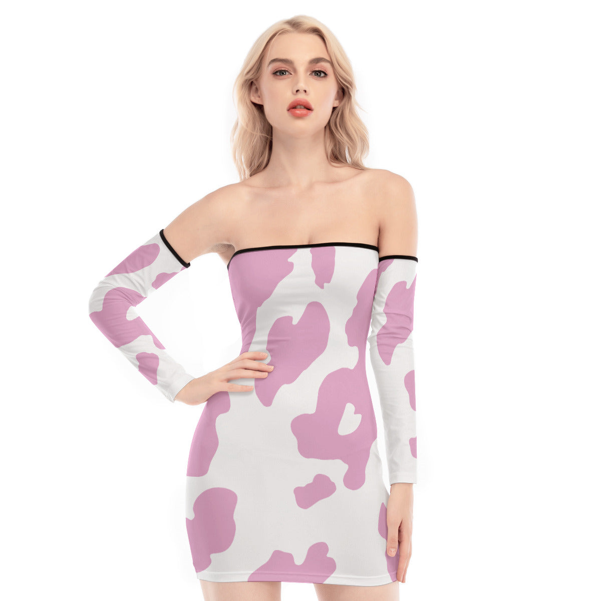 Cow Print Off-shoulder Lace-up Dress - Pink