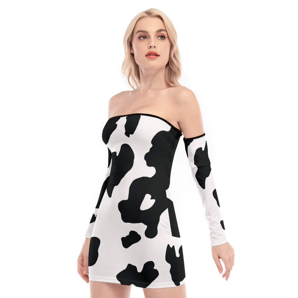 Cow Print Off-shoulder Lace-up Dress - Black