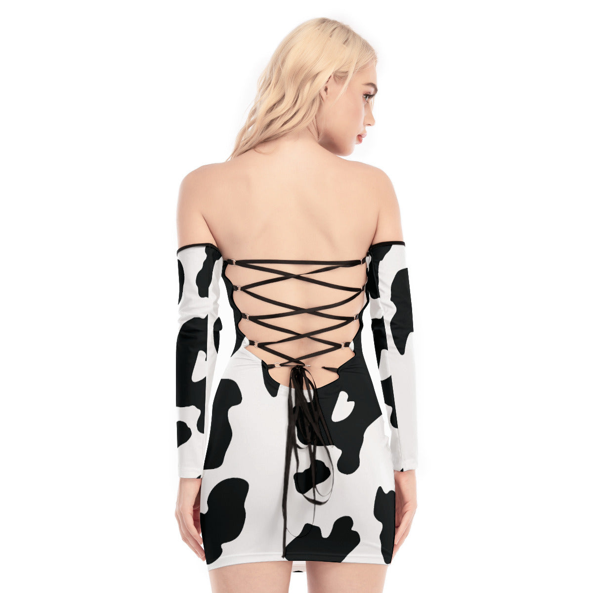 Cow Print Off-shoulder Lace-up Dress - Black