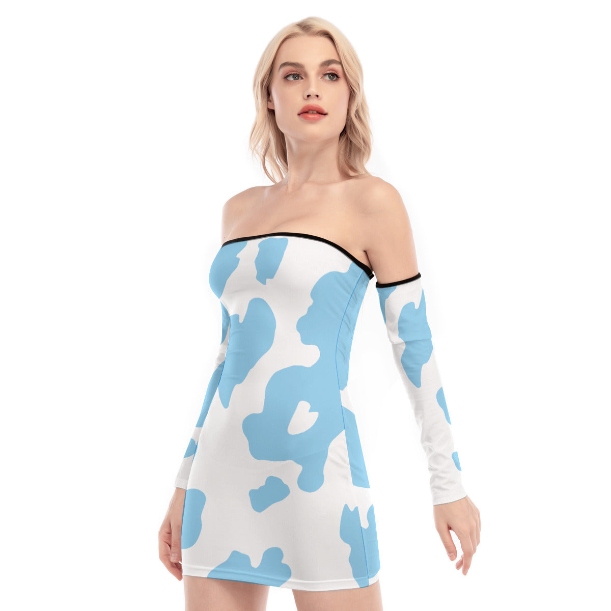 Cow Print Off-shoulder Lace-up Dress - Blue