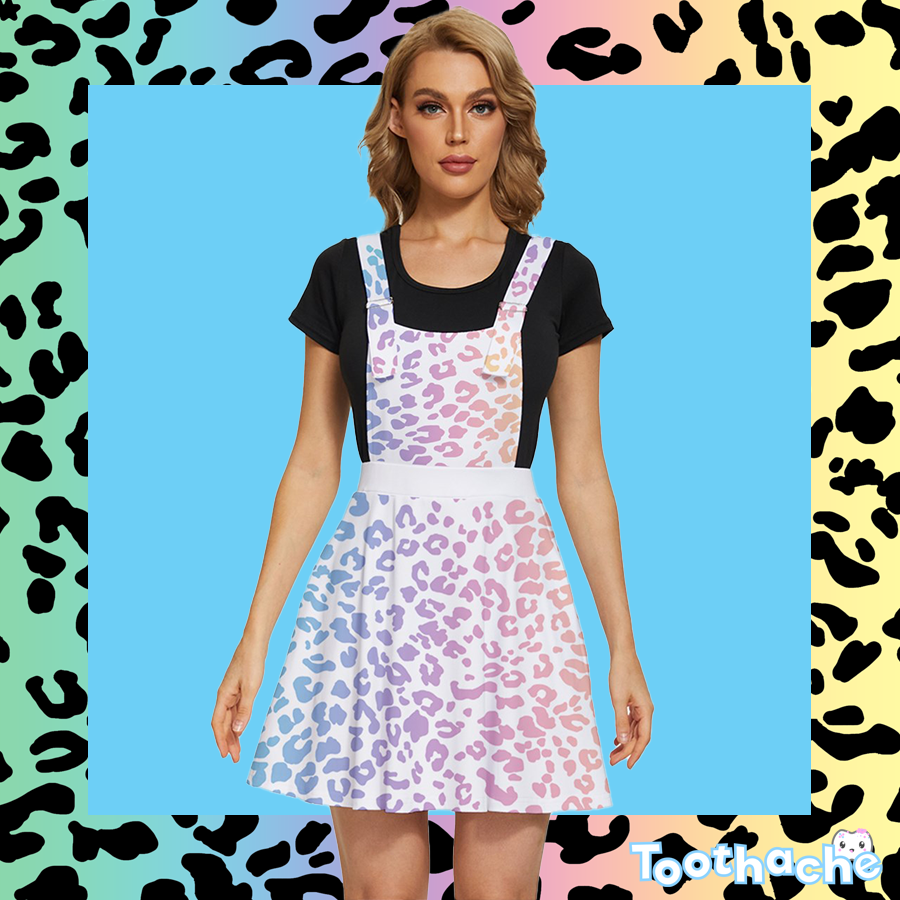 90's Style Leopard Print Apron Dress - Rainbow Spots on White