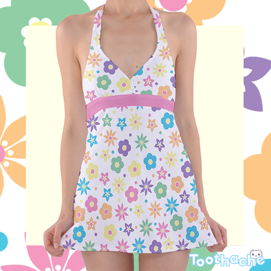 Retro Flowers Halter Dress Swimsuit  - White with Pink Accents