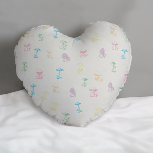 🍄 Enchanted Mycology: Heart-Shaped Throw Pillow - White