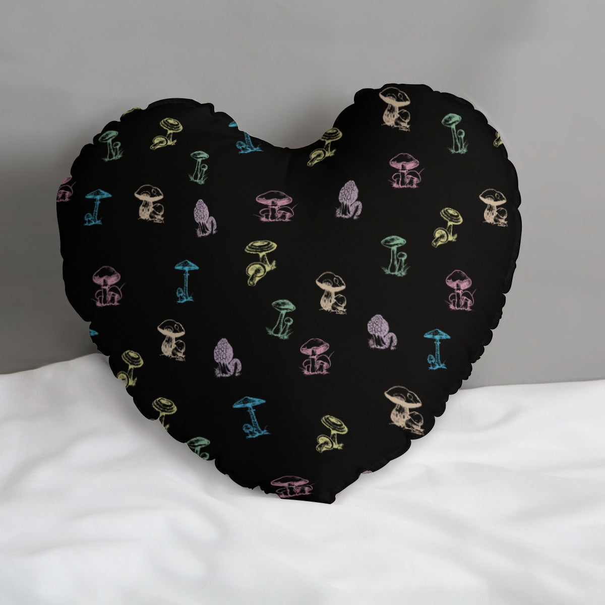 🍄 Enchanted Mycology: Heart-Shaped Throw Pillow - Black