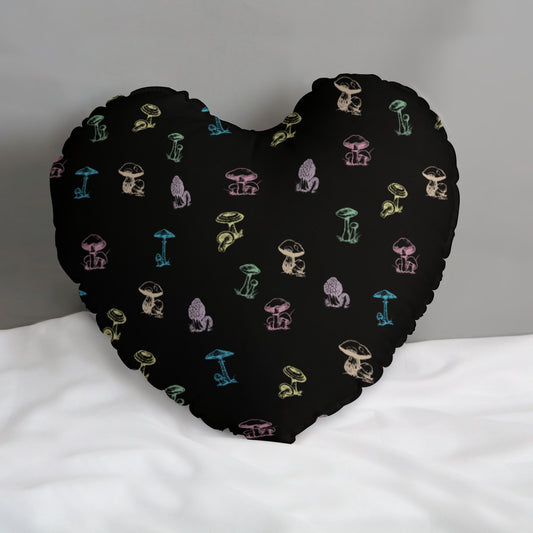 🍄 Enchanted Mycology: Heart-Shaped Throw Pillow - Black