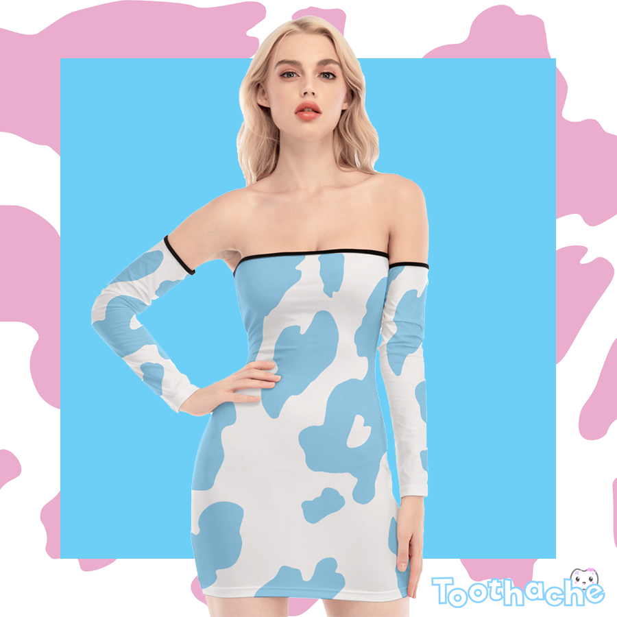 Cow Print Off-shoulder Lace-up Dress - Blue