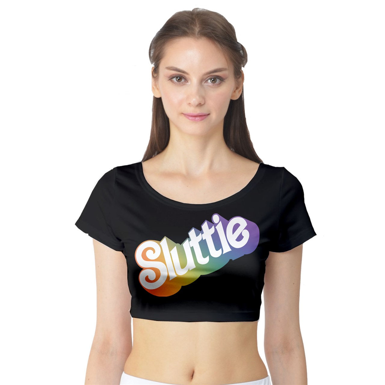 Friendly Dolly Crop Top Tee - Rainbow on Black