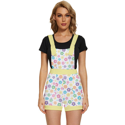 Retro Flowers Overall Shorts- White with Yellow Accents