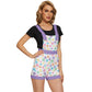 Retro Flowers Overall Shorts- White with Purple Accents