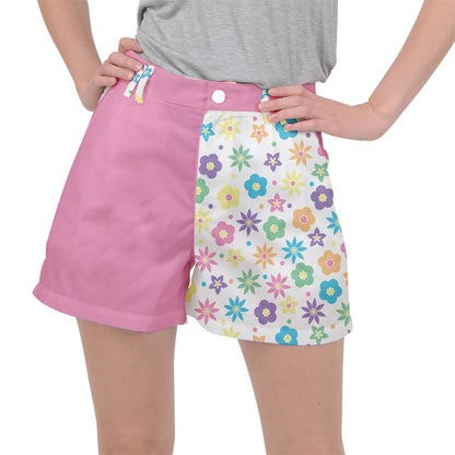 Retro Flowers Ripstop Shorts - White with Pink Accents