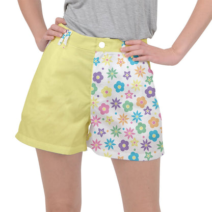Retro Flowers Ripstop Shorts - White with Yellow Accents