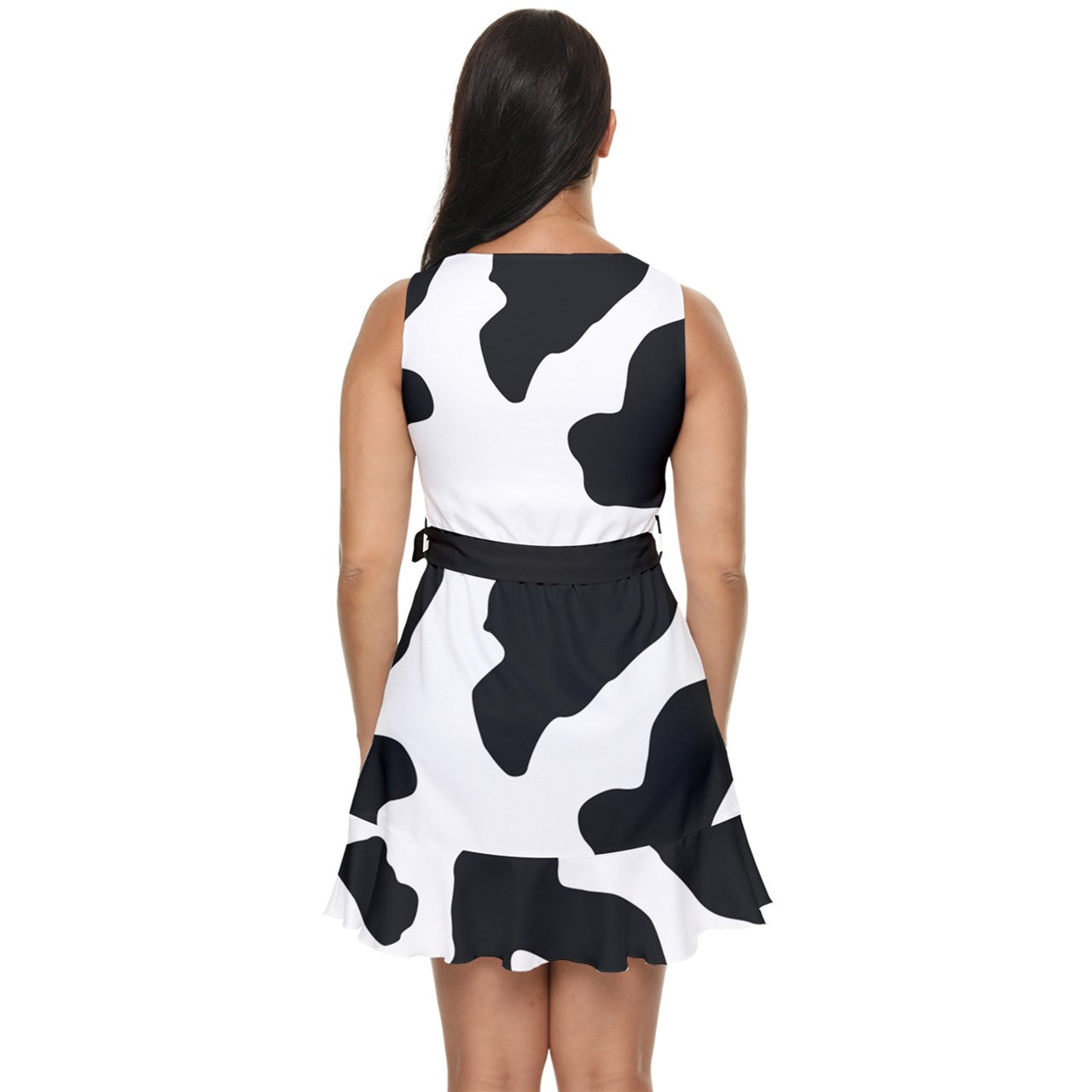 Cow Print Mini Chiffon Tier Dress with Tie - Black