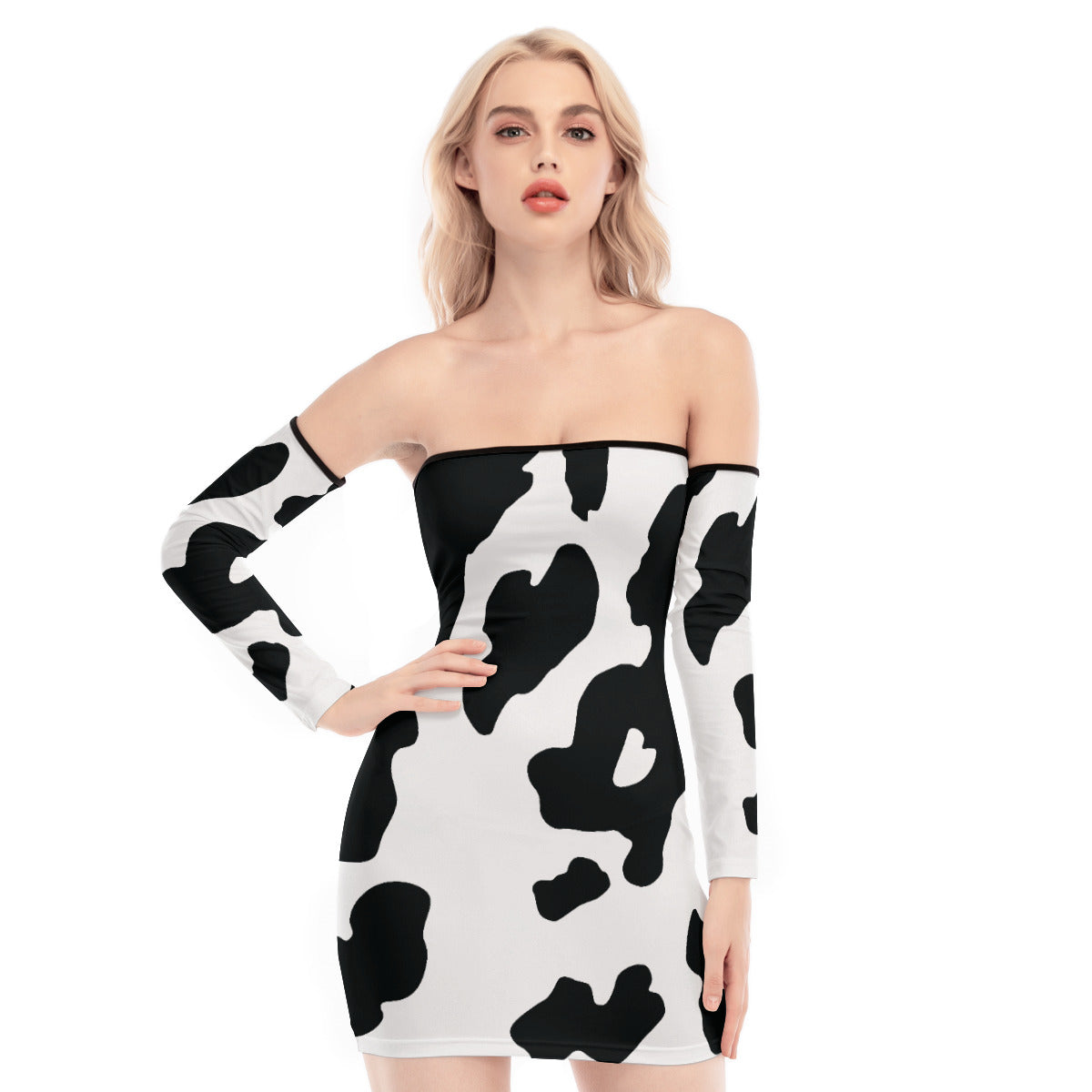 Cow Print Off-shoulder Lace-up Dress - Black