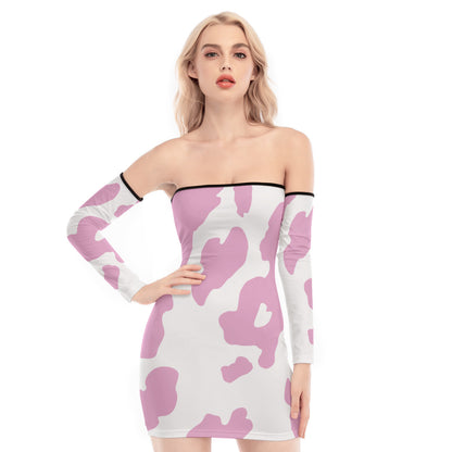 Cow Print Off-shoulder Lace-up Dress - Pink