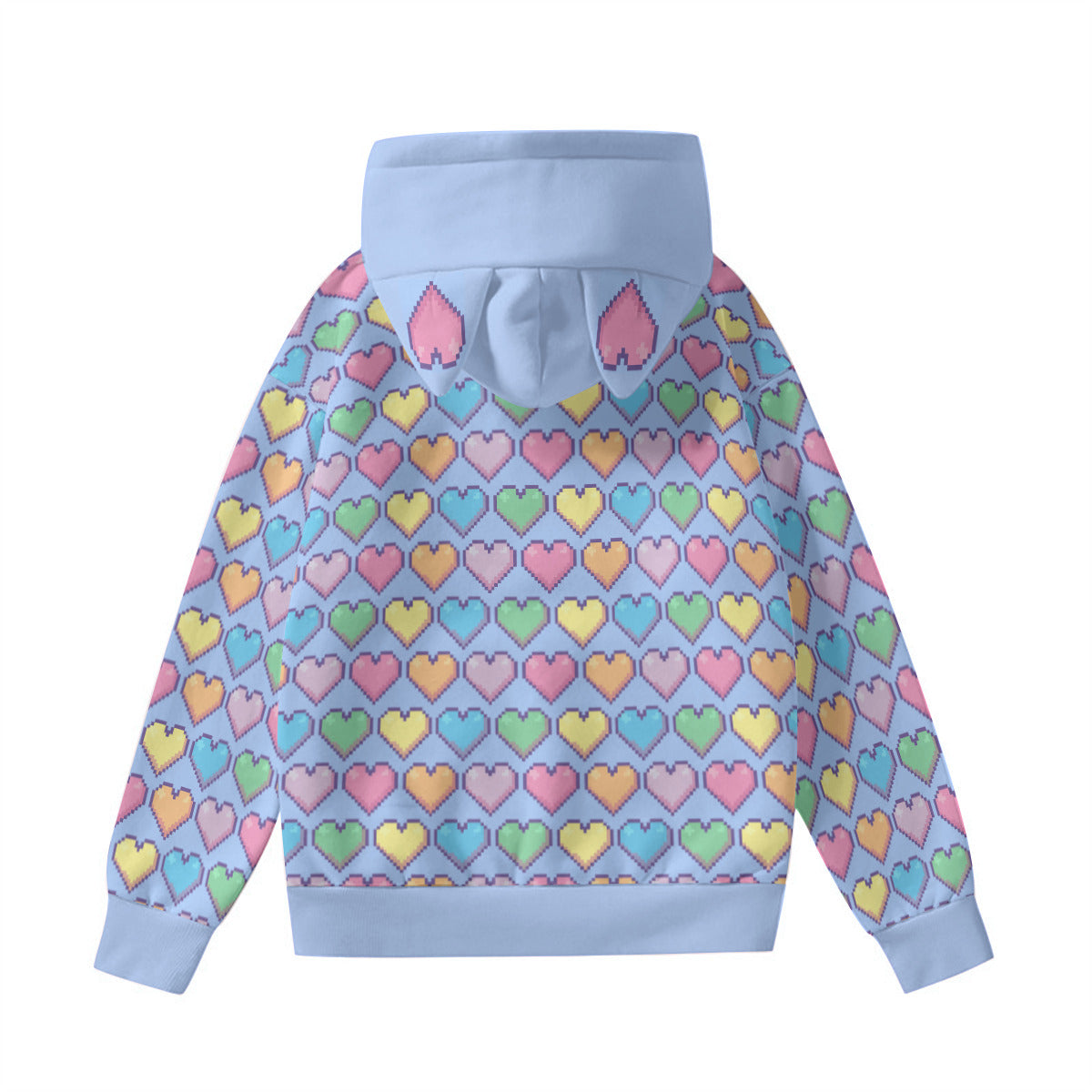 Pixel Hearts Pattern Pullover Hoodie with Cat Ears - Sail Blue