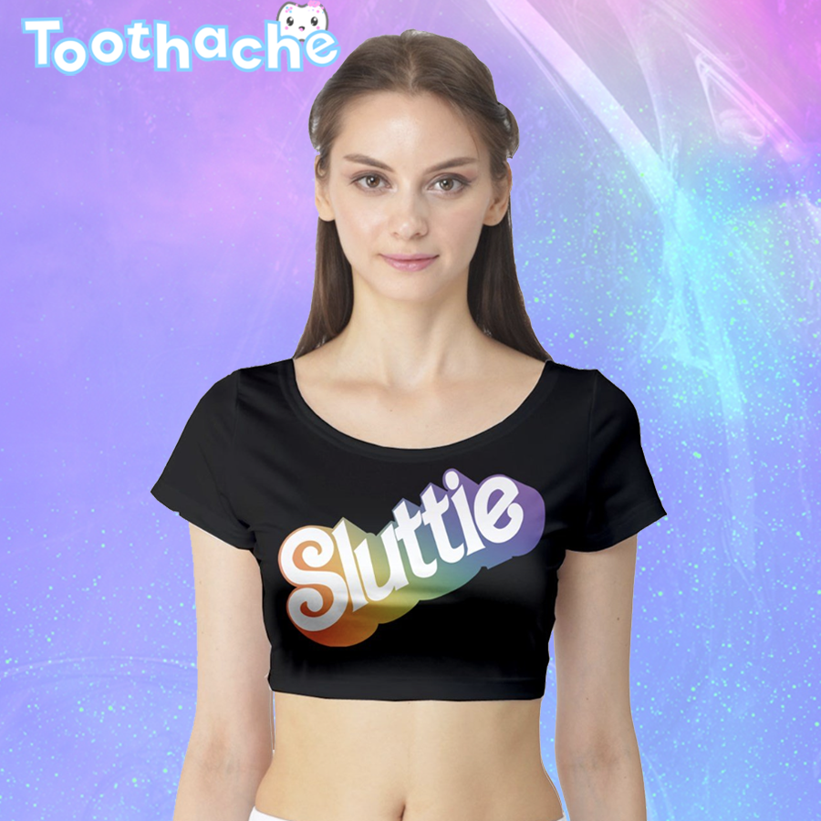 Friendly Dolly Crop Top Tee - Rainbow on Black