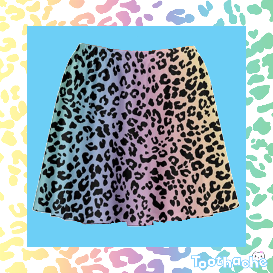 Leopard Print Skater Skirt - Black Spots on Rainbow