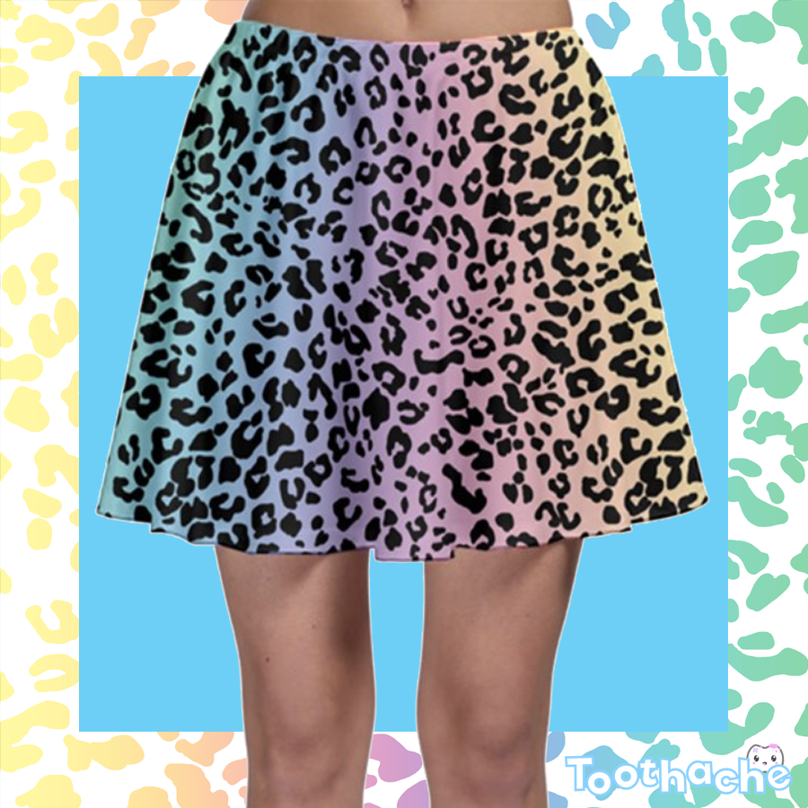 Leopard Print Skater Skirt - Black Spots on Rainbow