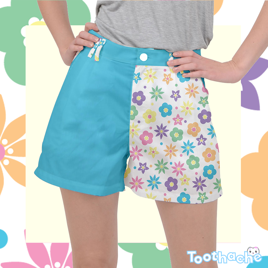 Retro Flowers Ripstop Shorts - White with Blue Accents