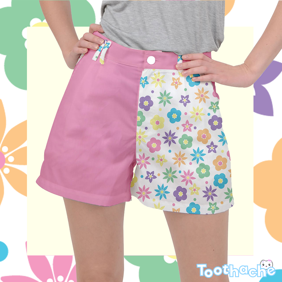 Retro Flowers Ripstop Shorts - White with Pink Accents