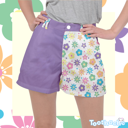 Retro Flowers Ripstop Shorts - White with Purple Accents