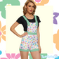 Retro Flowers Overall Shorts- White with Green
