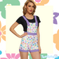 Retro Flowers Overall Shorts- White with Purple Accents