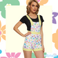 Retro Flowers Overall Shorts- White with Yellow Accents